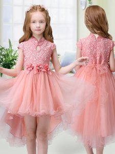 Glorious Organza High-neck Cap Sleeves Zipper Lace and Hand Made Flower Child Pageant Dress in Peach