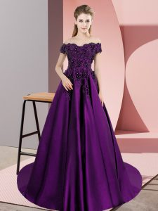 Comfortable Eggplant Purple Quince Ball Gowns Sweet 16 and Quinceanera with Appliques Off The Shoulder Sleeveless Court Train Zipper