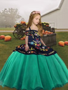 Organza Straps Sleeveless Lace Up Embroidery Little Girl Pageant Gowns in Turquoise