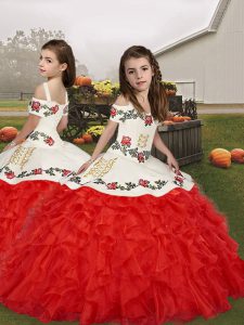 Trendy Red Organza Lace Up Little Girls Pageant Dress Sleeveless Floor Length Embroidery and Ruffles