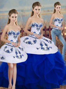Royal Blue Sweetheart Neckline Embroidery and Ruffles and Bowknot Vestidos de Quinceanera Sleeveless Lace Up
