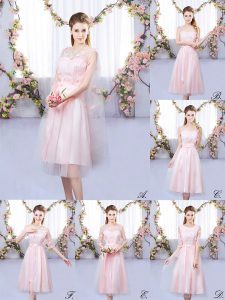 Adorable Baby Pink Empire Tulle V-neck Sleeveless Appliques Tea Length Lace Up Court Dresses for Sweet 16