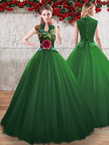 Cheap Sleeveless Floor Length Hand Made Flower Lace Up Quinceanera Gown with Green