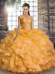 Gold Ball Gowns Organza Off The Shoulder Sleeveless Beading and Ruffles Floor Length Lace Up Quinceanera Dresses