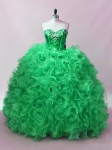 Cheap Green Lace Up Sweetheart Sequins Quince Ball Gowns Fabric With Rolling Flowers Sleeveless