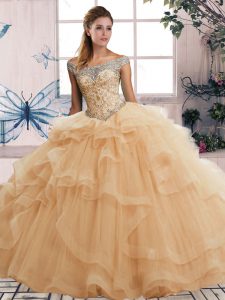 Clearance Tulle Off The Shoulder Sleeveless Lace Up Beading and Ruffles Quinceanera Dress in Champagne