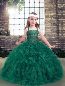 Dark Green Lace Up Straps Beading and Ruffles Winning Pageant Gowns Organza Sleeveless