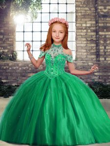 Tulle High-neck Sleeveless Lace Up Beading Little Girl Pageant Dress in Green