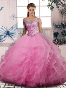 Affordable Rose Pink Off The Shoulder Lace Up Beading and Ruffles Quinceanera Dresses Sleeveless