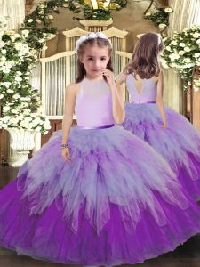 Exquisite Sleeveless Tulle Floor Length Backless High School Pageant Dress in Multi-color with Ruffles