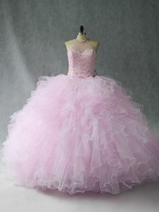 Fancy Halter Top Sleeveless Sweet 16 Quinceanera Dress Floor Length Beading and Ruffles Pink Tulle