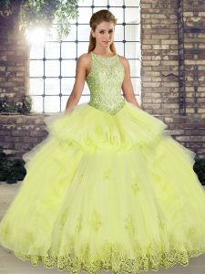 Lace and Embroidery and Ruffles Quinceanera Gown Yellow Lace Up Sleeveless Floor Length
