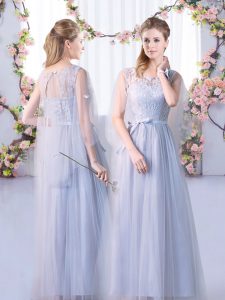 Grey Empire Scoop Sleeveless Tulle Floor Length Lace Up Lace Quinceanera Dama Dress