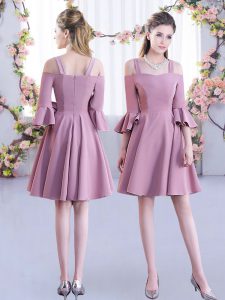 Custom Fit Off The Shoulder Half Sleeves Dama Dress Mini Length Ruching Pink Chiffon