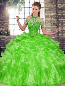 Green Sleeveless Floor Length Beading and Ruffles Lace Up Quince Ball Gowns