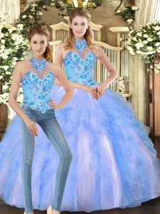 Multi-color Halter Top Lace Up Embroidery and Ruffles Quinceanera Gown Sleeveless