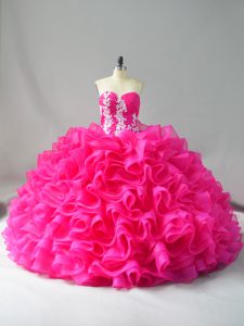 Trendy Hot Pink Ball Gowns Sweetheart Sleeveless Organza Lace Up Appliques and Ruffles Quinceanera Gown