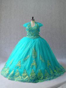 Tulle Sweetheart Sleeveless Lace Up Appliques Quince Ball Gowns in Aqua Blue