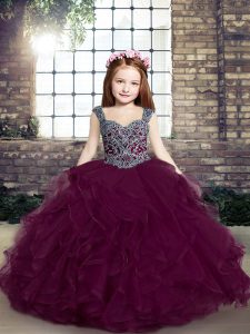 Sumptuous Purple Sleeveless Floor Length Beading and Ruffles Lace Up Pageant Dress for Teens