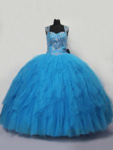 Sophisticated Blue Straps Lace Up Beading and Ruffles 15 Quinceanera Dress Sleeveless