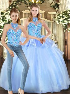Latest Floor Length Blue Quinceanera Dresses Organza Sleeveless Embroidery