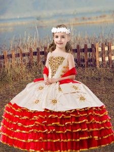 Red Ball Gowns Beading and Embroidery and Ruffled Layers Child Pageant Dress Lace Up Organza Sleeveless Floor Length