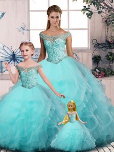 Excellent Aqua Blue Tulle Lace Up Off The Shoulder Sleeveless Floor Length Sweet 16 Quinceanera Dress Embroidery and Ruffles
