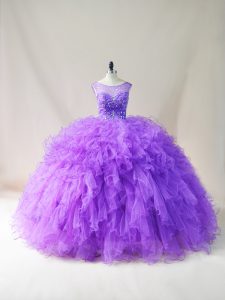 Attractive Scoop Sleeveless Tulle Sweet 16 Dress Beading and Ruffles Lace Up