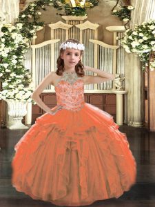 Floor Length Lace Up Pageant Dress for Womens Orange for Party and Wedding Party with Beading and Ruffles