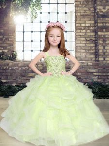 High Quality Yellow Green Ball Gowns Straps Sleeveless Tulle Floor Length Lace Up Beading Little Girl Pageant Dress