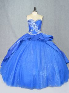 Affordable Tulle Sweetheart Sleeveless Court Train Lace Up Beading and Embroidery 15th Birthday Dress in Blue