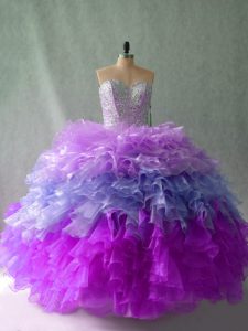 Superior Sleeveless Floor Length Beading and Ruffles Lace Up 15th Birthday Dress with Multi-color