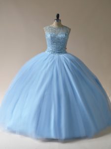 Light Blue Ball Gowns Tulle Scoop Sleeveless Beading Floor Length Lace Up Vestidos de Quinceanera