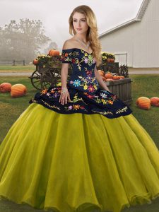 Decent Olive Green Sweet 16 Quinceanera Dress Military Ball and Sweet 16 and Quinceanera with Embroidery Off The Shoulder Sleeveless Lace Up