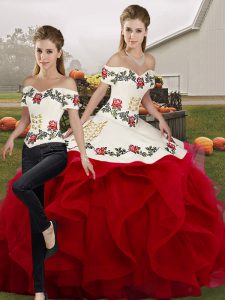 Tulle Off The Shoulder Sleeveless Lace Up Embroidery and Ruffles Sweet 16 Dress in White And Red