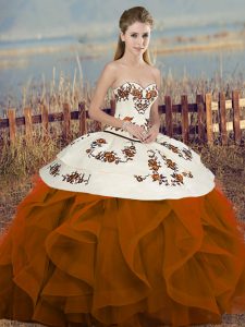 Rust Red Sleeveless Embroidery and Ruffles and Bowknot Floor Length Quinceanera Gown