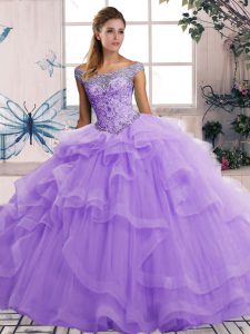 Perfect Tulle Off The Shoulder Sleeveless Lace Up Beading and Ruffles Sweet 16 Dresses in Lavender