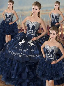 Flare Navy Blue Organza Lace Up Sweetheart Sleeveless Floor Length Sweet 16 Dresses Embroidery and Ruffles