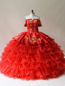 Sleeveless Organza Floor Length Lace Up Quinceanera Gowns in Red with Embroidery and Ruffled Layers