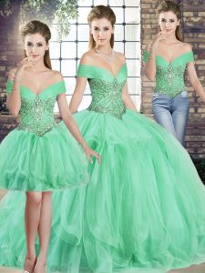 Graceful Apple Green Lace Up Off The Shoulder Beading and Ruffles 15th Birthday Dress Tulle Sleeveless