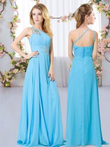 Aqua Blue Empire Chiffon One Shoulder Sleeveless Beading Floor Length Zipper Damas Dress