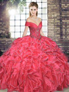 Luxurious Coral Red Ball Gowns Organza Off The Shoulder Sleeveless Beading and Ruffles Floor Length Lace Up Quinceanera Dress