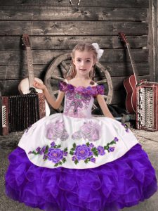 Purple Organza Lace Up Little Girls Pageant Dress Wholesale Sleeveless Floor Length Beading and Embroidery and Ruffles