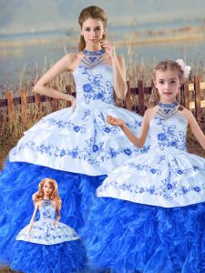 Fashionable Blue And White Halter Top Lace Up Embroidery and Ruffles Quinceanera Gowns Court Train Sleeveless