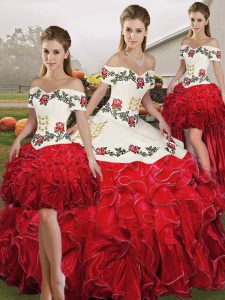 Floor Length White And Red Ball Gown Prom Dress Organza Sleeveless Embroidery and Ruffles