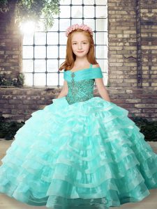 Apple Green Sleeveless Brush Train Ruffled Layers Pageant Gowns For Girls