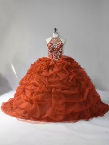 Fancy Lace Up Sweet 16 Quinceanera Dress Brown for Sweet 16 and Quinceanera with Beading and Pick Ups Court Train