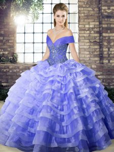 Organza Sleeveless Quinceanera Gown Brush Train and Beading and Ruffled Layers