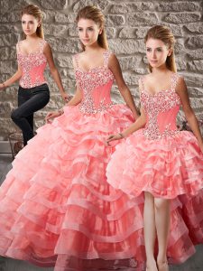 Adorable Watermelon Red Ball Gown Prom Dress Straps Sleeveless Court Train Lace Up