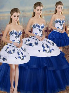 Super Floor Length Lace Up Quinceanera Dresses Royal Blue for Military Ball and Sweet 16 and Quinceanera with Embroidery and Bowknot